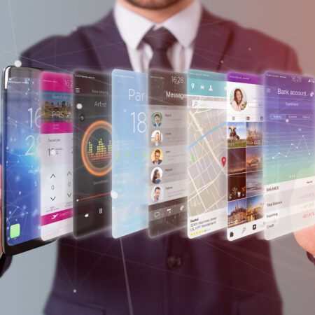 View of a Businessman holding 3d rendering app template on a smartphone